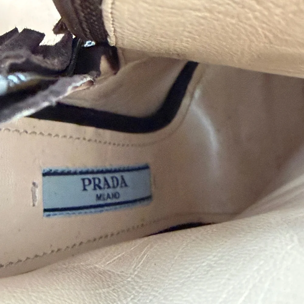 Prada Fringe Peep Toe Booties‎ Women's 35 Brown Suede Stiletto Ankle Heels